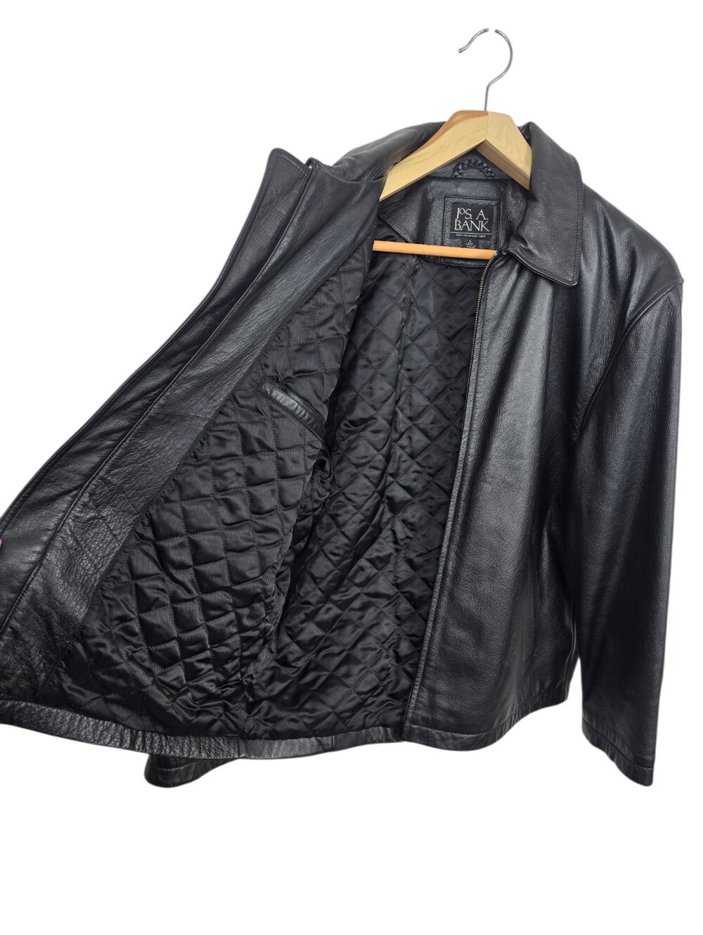 Jos. A. Bank Quilted Black Leather Jacket Zip Front Classic Black Men's Large